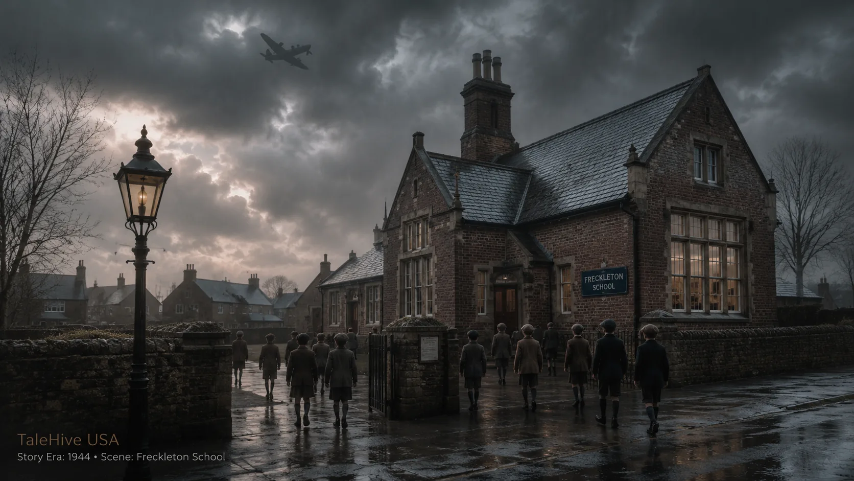 Cinematic reconstruction of children arriving at a wartime English village school