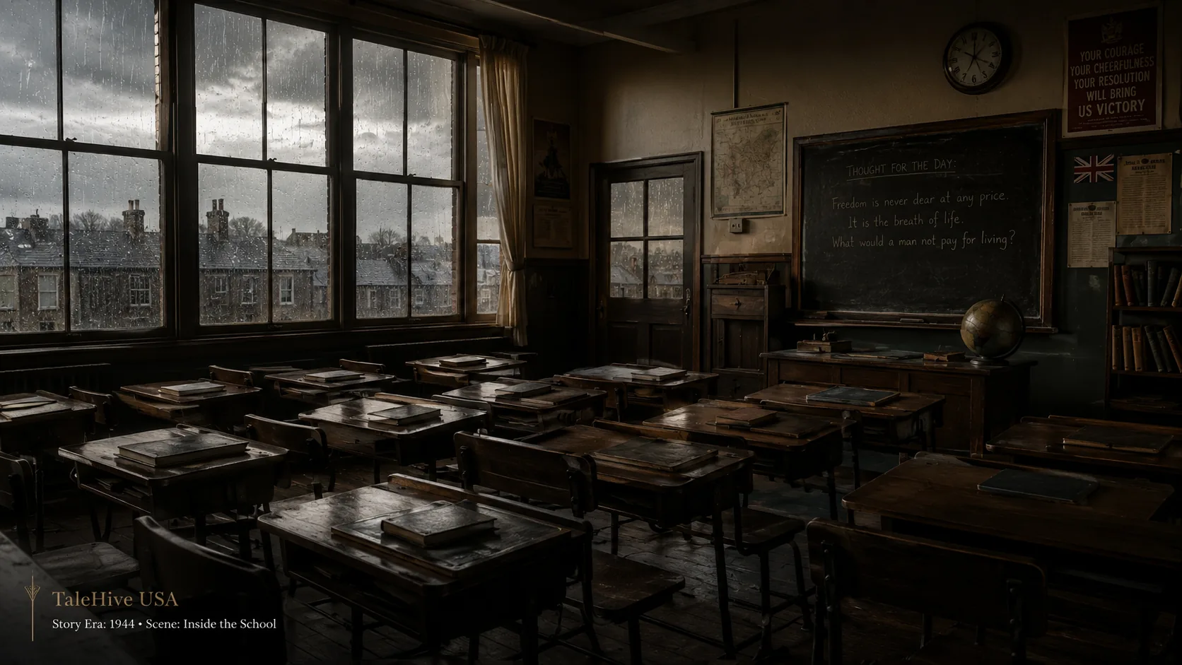 Cinematic reconstruction of a 1944 English classroom during a rainstorm