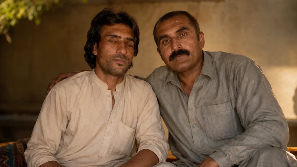 Cinematic editorial illustration based on supplied reference photos of Abdul Baqi and Jamal Tarakai