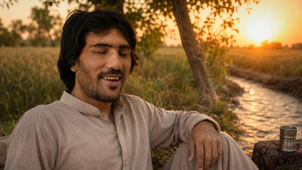 Cinematic editorial illustration of Abdul Baqi at sunset